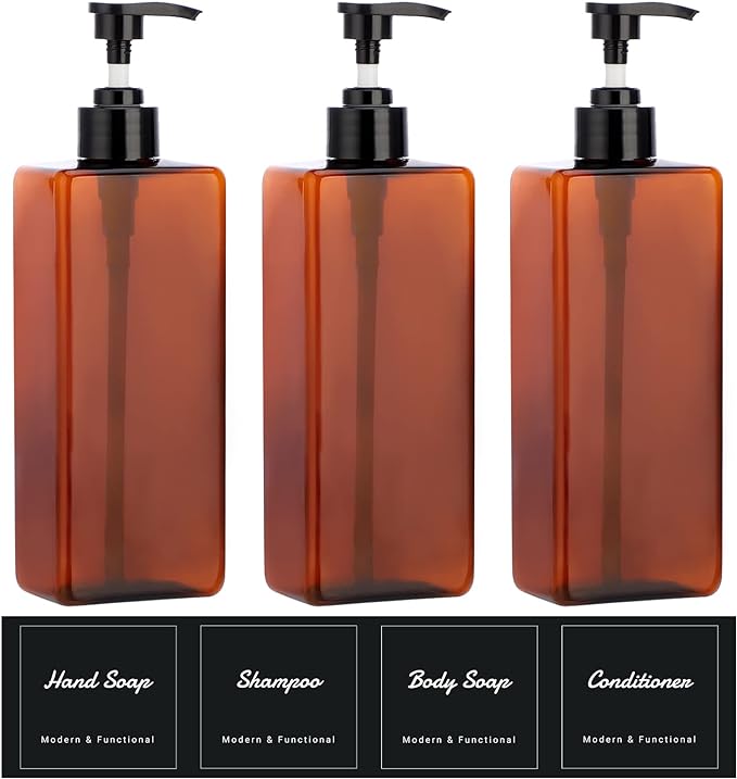Suream Amber Shampoo and Conditioner Dispenser with Black Plastic Pump, 16.9oz Refillable Shower Bottle for Bathroom, Empty Container for Body Wash, Hand Soap, Lotion, Massage Oil