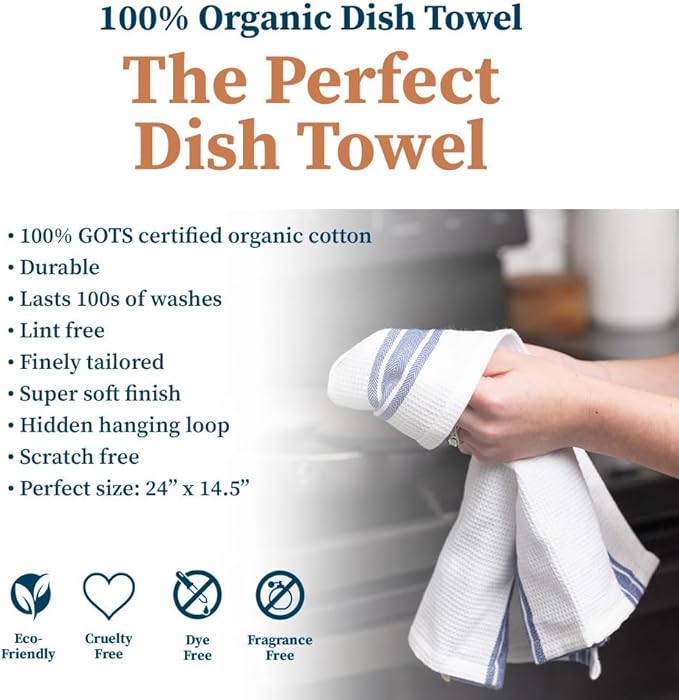 Truly Free Organic Cotton Dish Towels, Highly Absorbent with Hidden Hanging Loop, Plaid Pattern, Lint-Free, Premium Kitchen Towels, 24" x 14.5" (1-Pack)