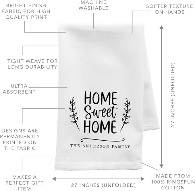 Andaz Press Personalized Kitchen Towel, Flour Sack Tea Towel, Home Sweet Home Custom Family Name Kitchen Gifts Birthday for Mom Daughter Grandma, Housewarming Gift for Couples