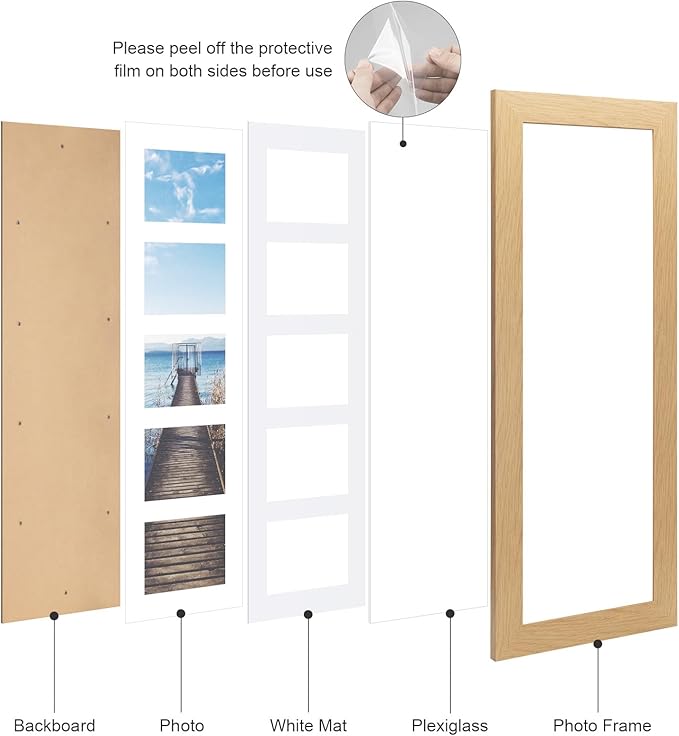8x24 Picture Frame Display 5 opening 4X6 Picture Frame Collage,Multi Photo Frame with Mat,Plexiglass,Wall Decor,Natural Wood Grain
