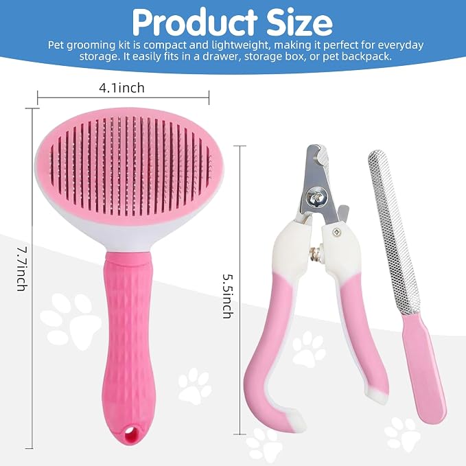 Aglads 3PCS Cat Rabbit Bunny Dog Grooming Kit, Self-Cleaning Slicker Cat & Dog Brush for Shedding, Fine-Needle Comb, Pet Nail Clipper & File for Long/Short-Haired Pets, Easy to Remove Loose (3, pink)