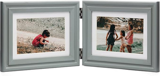 Horizontal 5X7 Picture Frames Double Hinged Wood Folding Photo Frames with Real Glass Front Fit for Desktop or Tabletop Display Pictures 4x6 with Mat or 5x7 Without Mat, Gray XHUI-H75X2