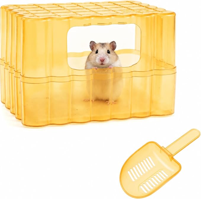Hamster Sand Bath Container, Small Animal Dust Bath House with Scoop,Yellow | Enclosed Hamster Bathroom Digging Box & Toilet for Guinea Pig Gerbil Hedgehog Chinchilla Ferret