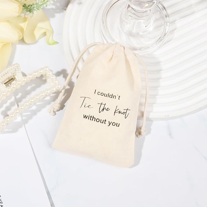 CEELGON 8 Pcs Drawstring Jewelry Pouch Bridesmaid Gift Bags Linen Cotton Fabric Wedding Bridal Party Favor Bags Bachelorette Tie The Knot Earring Packaging Proposal Gift (Natural)