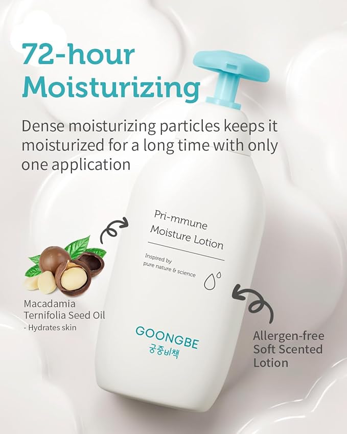 GOONGBE Pri-mmune Moisture Lotion - Korean Baby Body Moisturizer - Hypoallergenic Moisturizing & Calming Daily Skincare for Dry Skin - Fast Absorbing, Naturally Derived Non-Greasy Lotion, 11.8 oz.
