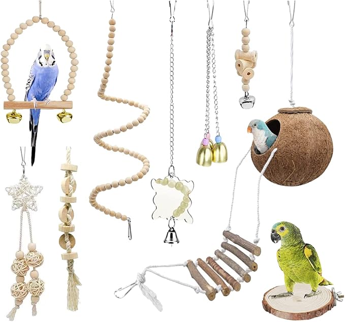 9-Piece Parakeet Toys & Budgie Toys, Bird Cage Accessories Set | Natural wood bird toys include coconut hideaway, swing, ladder, perch, mirror and hanging toys for budgies & cockatiels