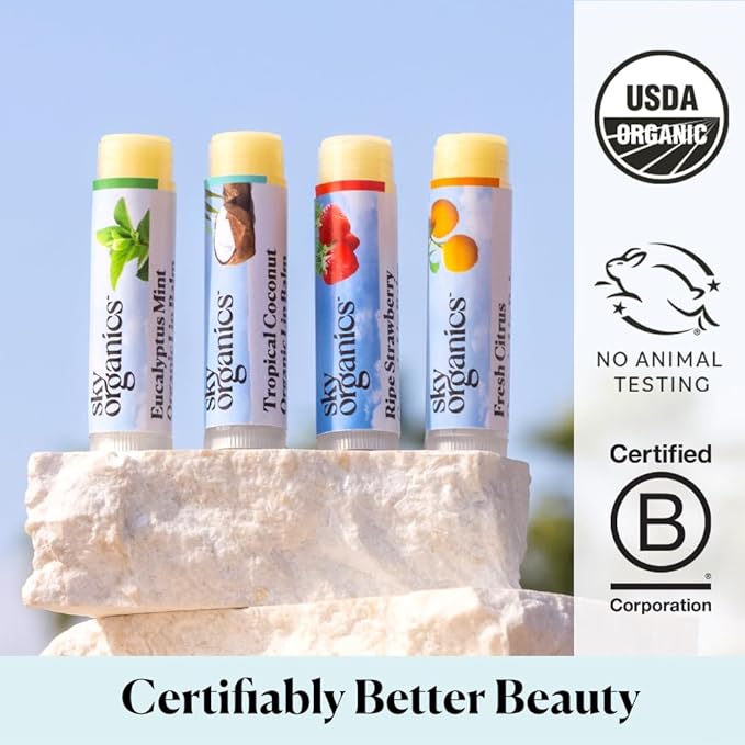 Sky Organics Organic Lip Balms With Beeswax for Lips, USDA Certified Organic, Four Assorted Flavors to Moisturize, Soothe & Soften, 4pk.