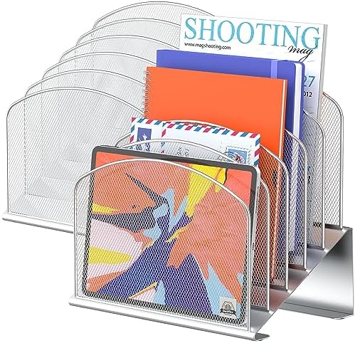 Delifox Inclined Desk File Organizer,Vertical File Folder Holder Stand Metal Rack File Sorter for Office Classroom Desktop Organization (2, Silver, 5)
