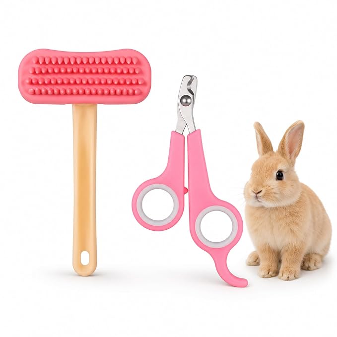 Gjinxi 2pcs Rabbit Grooming Kit Bunny Brush Comb with Nail Clipper Trimmers | Shedding with Bunny Nail Clipper, Small Animal Pet Combs, for Hamster Guinea Pig Ferret Cats, Soft Silicone Massage Comb