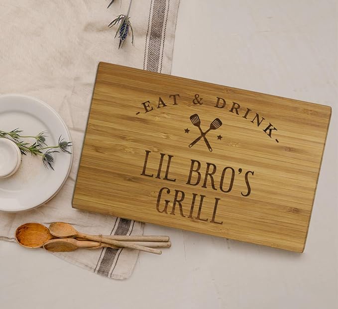 Andaz Press Large Bamboo Wood BBQ Cutting Board Gift, 17.75 x 11-inch, Lil Bro's Grill, 1-Pack, Laser Engraved Serving Chopping Board Christmas Birthday Chef Kitchen Ideas