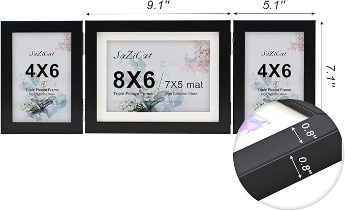 Hinged Tri-Fold 4x6 & 6x8 Picture Frame with Tempered Glass-Tabletop or Wall Mounted Display for Two 4x6 & One 5x7/6x8 Photos (with/without Mat)-Classic Black-H467546