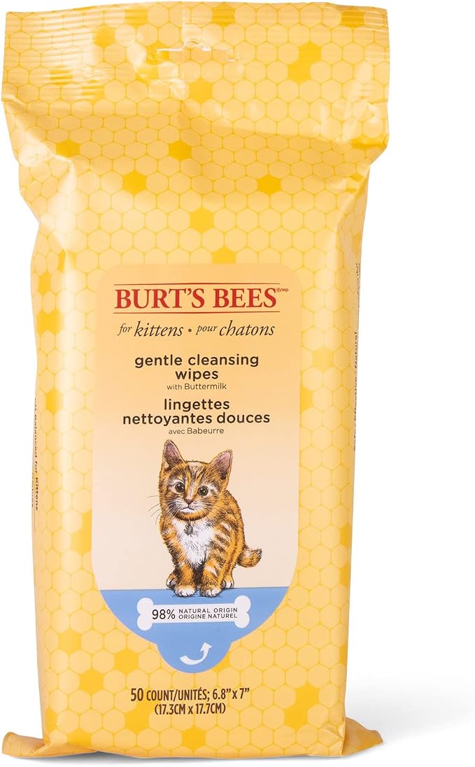 Burts Bees for Pets Kitten Grooming Wipes with Buttermilk, 50 Count | Waterless bath wipes clean face, paws, tail, and coat, gentle alternative to bathing for indoor cats