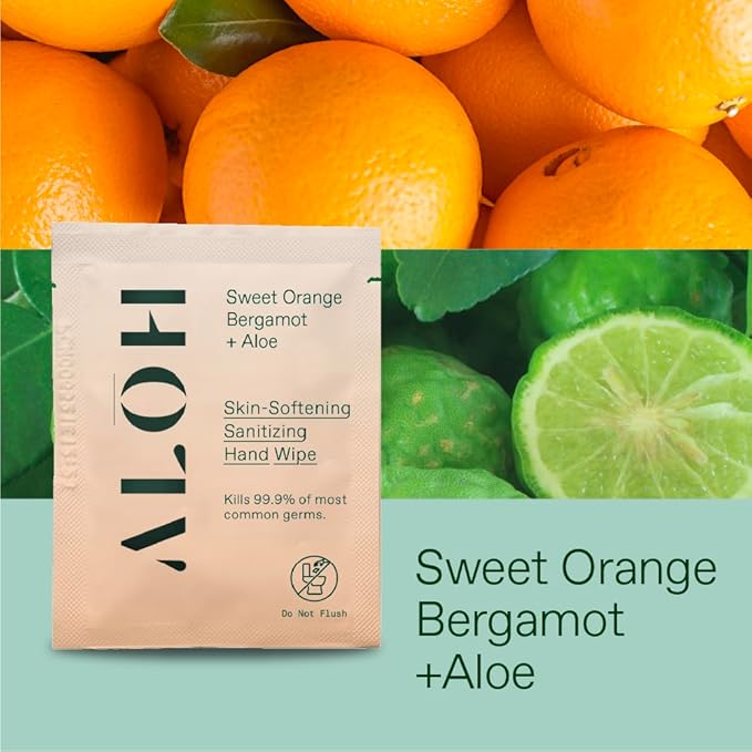 ALŌH Skin - Softening Sanitizing Hand Wipes – Sweet Orange Bergamot - 4 Boxes of 20 Individually Wrapped Wipes (80 wipes)