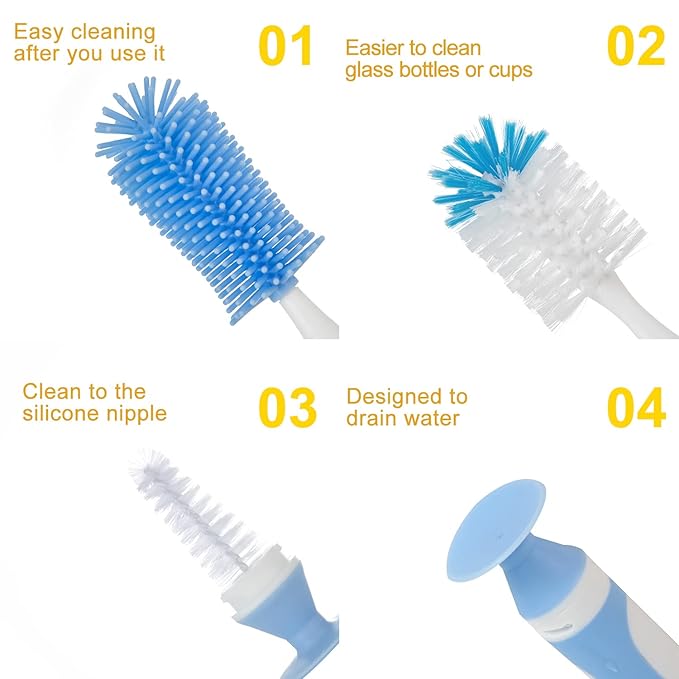 Chemimoso Multifunctional Cleaning Brush, Baby Bottle Brush, Bottle Brush Cleaner, Rotate The Suction Cup to Obtain The Small Bristle Brushes, Set Z, Green, Silicone and Nylon Brush