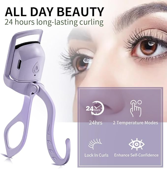 Heated Eyelash Curler, Fast 5s Heat up, 24 Hours Long Lasting, Rechargeable Electric Lash Curler, Temperature Control, Safe Anti-Burn Eye Lash Curler, Quick Natural Curling Lashes (Purple-1)