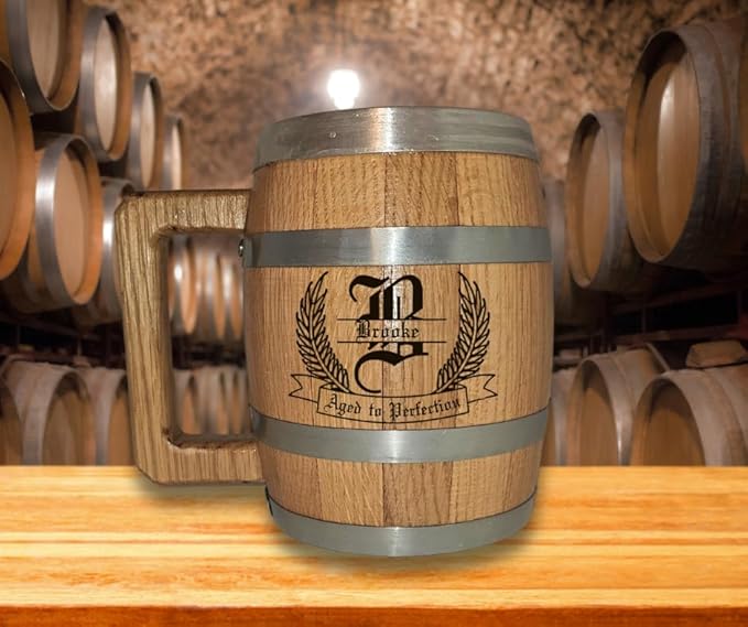 Personalized Oak Wood Barrel Beer Mug Tankard with Stainless Steel Interior - Engraved with Your Name
