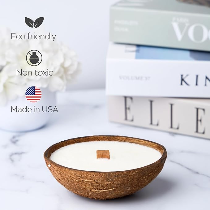 – Set of 2 Separate Scented Candles Clearance | Coconut Shell Soy Wax Candle with Wooden Wick | Candles for Home Décor | Gift Idea for Women (Coffee/Salted Caramel)