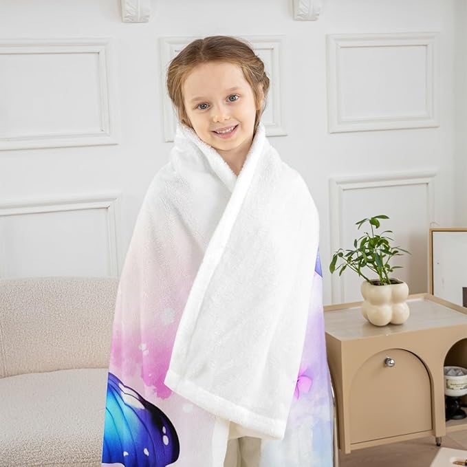 Feelyou Girls Blue Fleece Throw Blanket Throw 50"x60" Kids Watercolor Butterfly Sherpa Blanket Plush Fuzzy for Bed Couch Chair Living Room, Cute Dreamy Garden Bed Blanket Room Decor