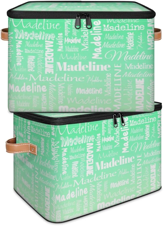 Custom Storage Basket with Name, Personalized Keepsake Box with Zipper Lid, Foldable Fabric Memory Bin Large capacity with Handle Green Gradient
