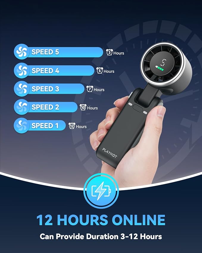 Portable Handheld Turbo Fan, 5 Gear Wind, Battery Operated, Up to 12 Working Hours, 3 IN 1 Hand Fans with Air Turbo Tech Cooling Fan for Outdoor Activities, Travel, Beach (Black)