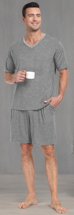 PrinStory Men's Pajama Set Sleepwear Pjs Lightweight Quick Dry Short Sleeve V-Neck Shirts and Shorts Soft Comfy Sleep Sets