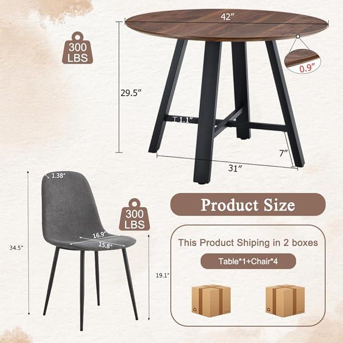 Round Dining Table Set for 4,Wooden Dining Table and Chairs Set of 4,42” Modern Kitchen Table Set,Round Kitchen Table with 4 PU Leather Chairs for Dining Room,Office,Small Space
