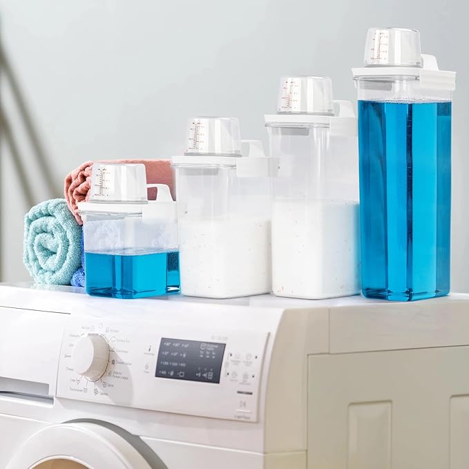 Laundry Detergent Dispenser-2 Pack, 37 oz Detergent Dispenser with 4 Removable Labels, Laundry Soap Dispenser for Laundry Room Organization and Storage, BPA Free & PET Plastic Clear