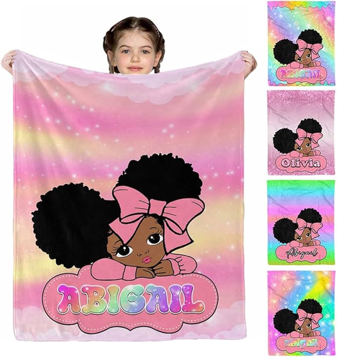 D-Story Custom Blanket with Name Customized Blanket Personalized Flannel Throw Blankets Black Girl Blanket for Kid Women Men Christmas Birthday Mothers Day
