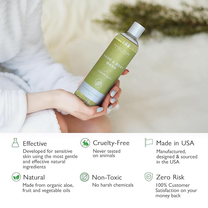 SoCal Suds & Company - 12oz Organic Soap Liquid, Gentle Hand & Body Wash, Organic Body Wash for Men and Women, Made w/Organic Oils & Coconut Oil, Bath Essentials for All Skin Types - 2pk Lemon Zest