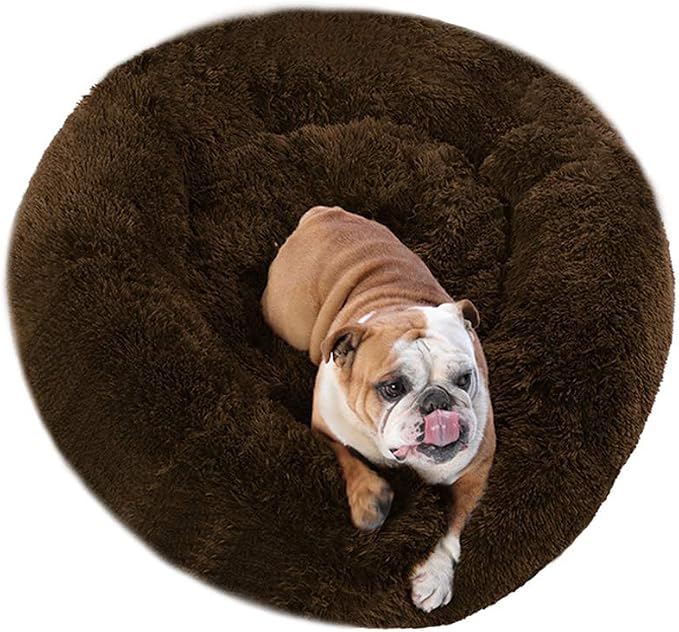 Plush Calming Donut Dog Bed for Small to Medium Dogs, 28 Inch Round Pet Bed | Soft Faux Fur Puppy Bed with Raised Rim for Curling and Head Support; Washable Round Pet Bed for Small to Medium Dogs or Cats