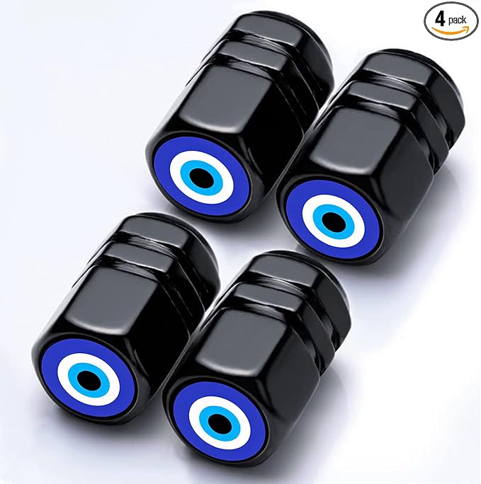 4Pack Evil Eye Tire Valve Caps Aluminum Leak-Proof Valve Stem Covers | Devil's Eye Car Accessories Decoration Tire Air Cap for Cars SUV Bike Motorcycle, Blue Gifts for Women Mom Sister