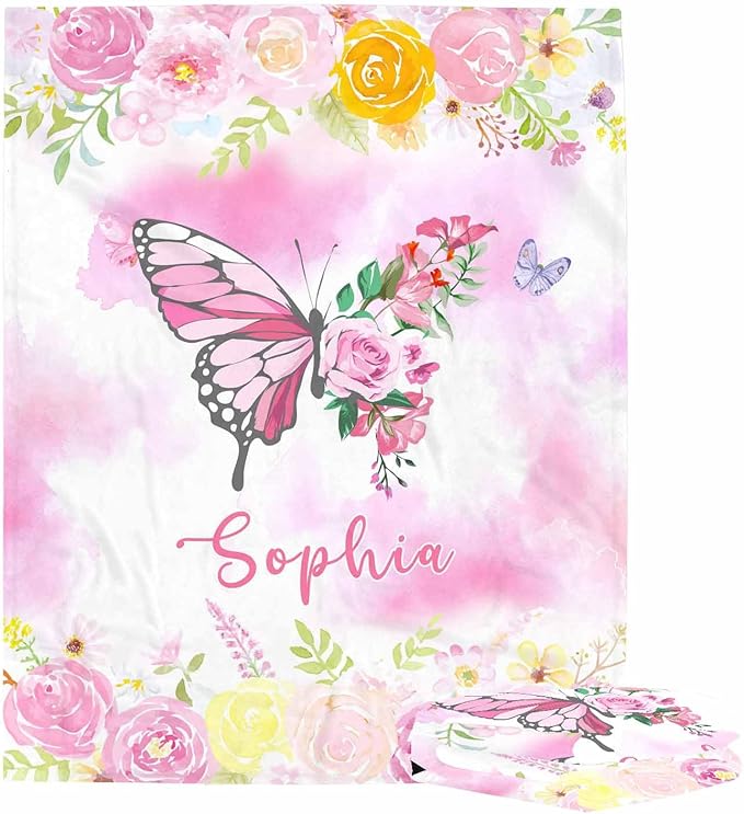 D-Story Ships Next Day, Custom Baby Blanket for Girls, Personalized Baby Gifts Butterfly Blankets, Customized Newborn Blanket with Name