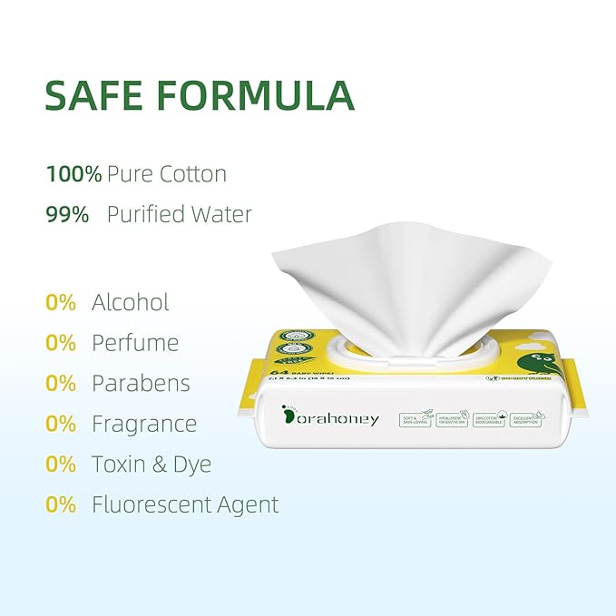 100% USA Cotton Baby Wipes, 99% Purified Water Unscented Wet Wipes for Sensitive Skin, Hypoallergenic & Plastic-Free, 256 Count (4 Flip-Top Packs of 64)
