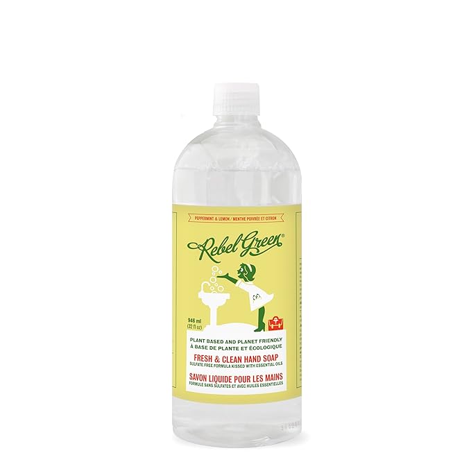 Rebel Green Fresh & Clean Hand Soap Refill - Moisturizing Natural Liquid Hand Soap Refill for Bathroom & Kitchen - Peppermint and Lemon Scent, 32 Fl Oz