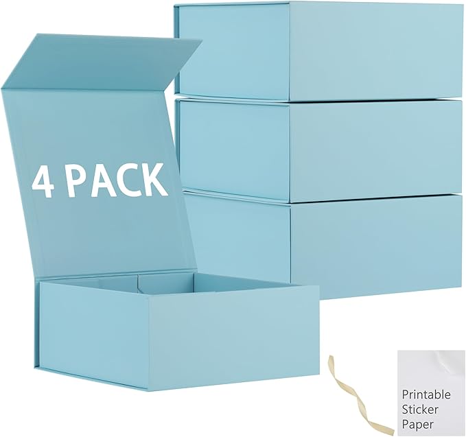 MUMUPACK 4 Pack Blue Gift Boxes With Lids,9x9x4 Inch Bridesmaid Proposal Box And Printable Stickers,Proposal Boxes With Ribbon For Wedding, Packaging, Present, Birthday