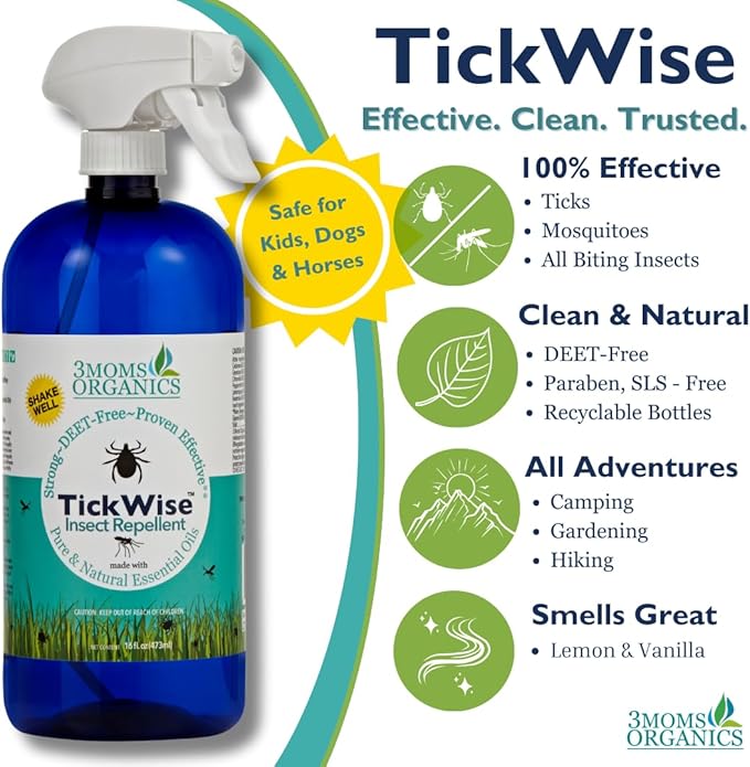 3 Moms Organics TickWise Insect Repellent, 32oz Extra Strength - DEET- Free, Tick and Insect Repellent, Plant Based Essential Oils, All Natural Ingredients, Safe for Kids, Adults, Dogs and Horses