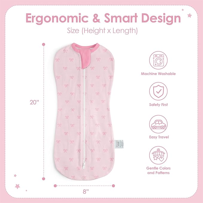 Baby Swaddle 0-2 Months, Cotton Arm-In Zipper Sleep Sack, Wearable Blankets Wrap for Newborn Infant Girls (Bow, Rainbow, Pack of 2)
