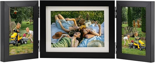Hinged Tri-Fold 4x6 & 6x8 Picture Frame with Tempered Glass-Tabletop or Wall Mounted Display for Two 4x6 & One 5x7/6x8 Photos (with/without Mat)-Classic Black-H467546