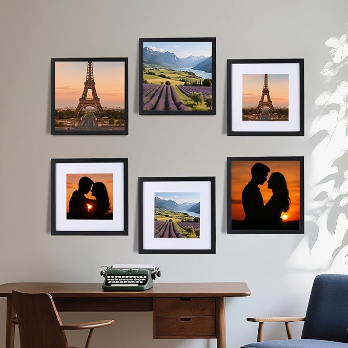 6 Pcs 12x12 Black Picture Frame - Display Pictures 8x8 with Mat or 12 x 12 without Mat - Black Wood Picture Frames for Wall Mounting - Wooden Photo Frame for 12 12 Matted to 8x8 Print Set of 6