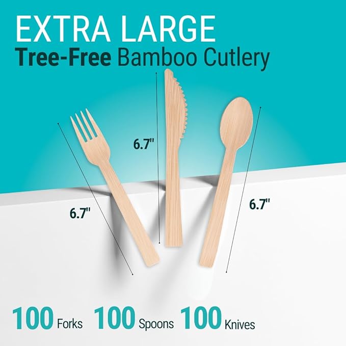 Bamboo Cutlery Set 300 Pcs (100 Forks 100 Knives 100 Spoons) Reusable & Disposable Bamboo Utensils Set | Splinter-Free, Sturdy, Compostable Cutlery Set| FSC Certified