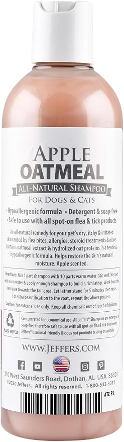 Jeffers Pet Apple Oatmeal Shampoo for Dogs & Cats, 17 oz - Gentle Coconut Based Formula w/Colloidal Oat Protein, Soap Free, Deodorizing Apple Scent, Sensitive Skin, Puppies Kittens Grooming Care