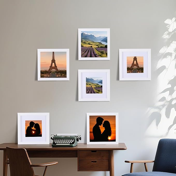 6 Pcs 8x8 White Picture Frame - Display Pictures 5x5 with Mat or 8 x 8 without Mat - White Wood Picture Frames for Wall Mounting - Wooden Photo Frame for 8 8 Matted to 5x5 Print Set of 6