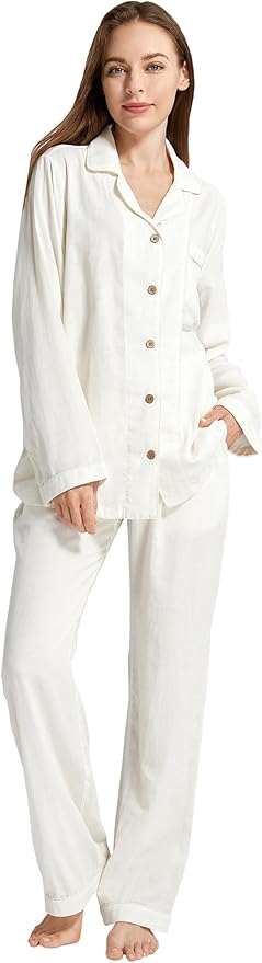 Womens Pajama Sets 100% Double Gauze Cotton Linen Like Muslin Pajamas Long Sleeve Button Down Sleepwear Soft Pjs Lounge Set