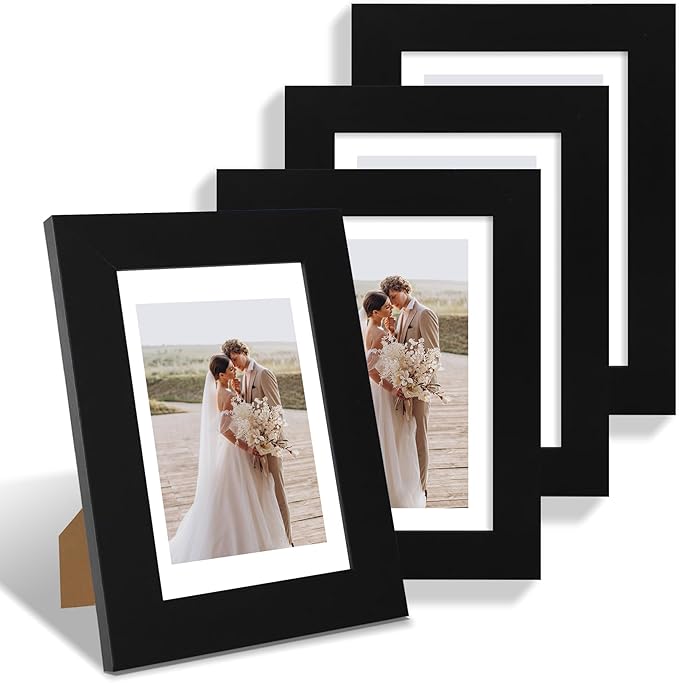 5x7 Picture Frame Set of 4, Made of Real Glass and Black Wooden Frame, 5 by 7 Photo for Wall or Tabletop - Display Picture 4x6 with Mat or 5x7 Without Mat