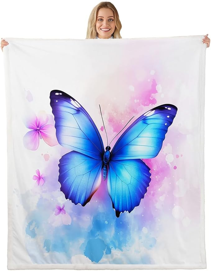Feelyou Girls Blue Fleece Throw Blanket Throw 50"x60" Kids Watercolor Butterfly Sherpa Blanket Plush Fuzzy for Bed Couch Chair Living Room, Cute Dreamy Garden Bed Blanket Room Decor