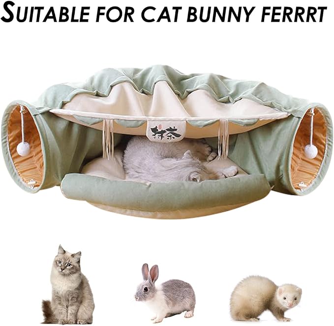 EAEDMY Cat Rabbit Tunnel Bed Nest for Cats Indoor, with Collapsible Washable Soft Cushion, Plush Ball and Exercise Wheel Tube, Fit for Puppy Bunny Kitty Kitten Ferret