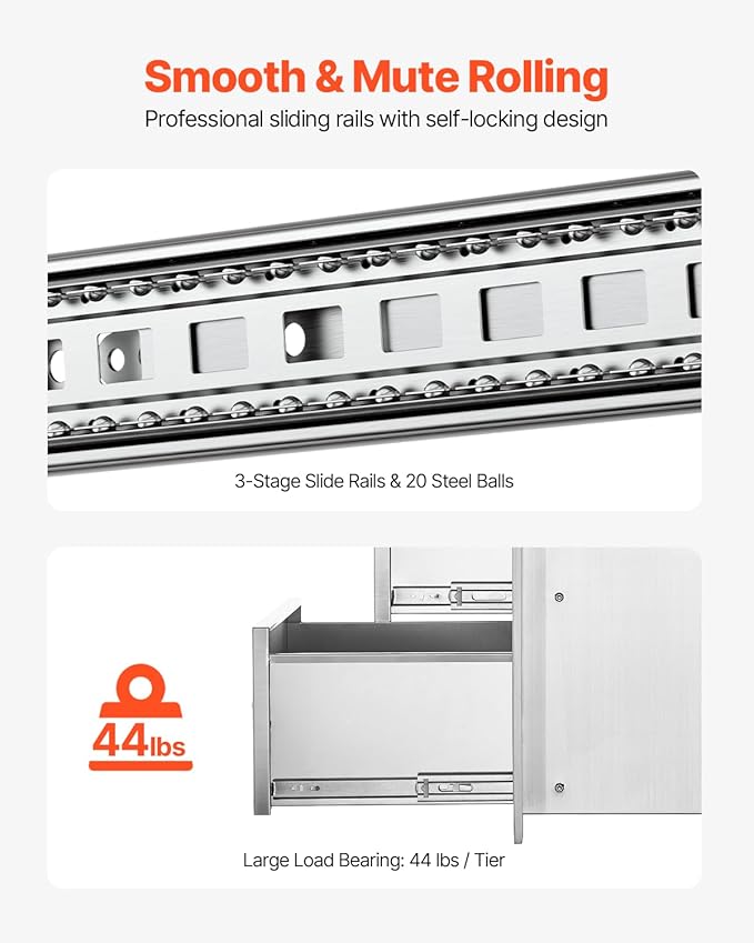 VEVOR Outdoor Kitchen Drawers 17W x 30H x 21D Inch, Outdoor Kitchen Cabinets, Stainless Steel Double Access Drawers, with Paper Towel Holder, Combo for BBQ Island Drawers or Grill Station