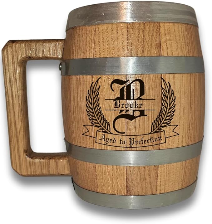 Personalized Oak Wood Barrel Beer Mug Tankard with Stainless Steel Interior - Engraved with Your Name