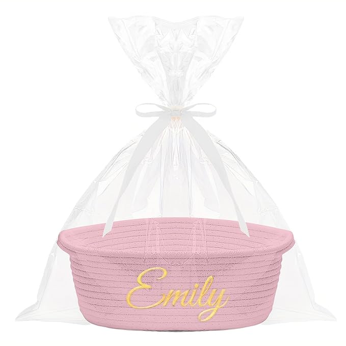 HUTARIO Personalized Woven Christmas Burr Basket Embroidered Name with Gift Bags and Ribbons,Empty Small Rope Basket，Durable Storage Custom Pink Basket with Handles for Baby Showers,12"×8"×5"
