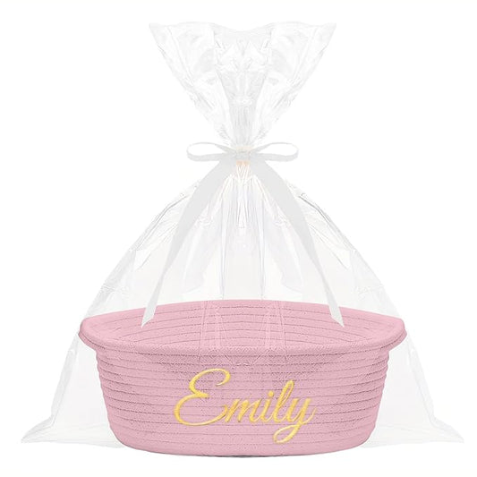 HUTARIO Personalized Woven Christmas Burr Basket Embroidered Name with Gift Bags and Ribbons,Empty Small Rope Basket，Durable Storage Custom Pink Basket with Handles for Baby Showers,12"×8"×5"